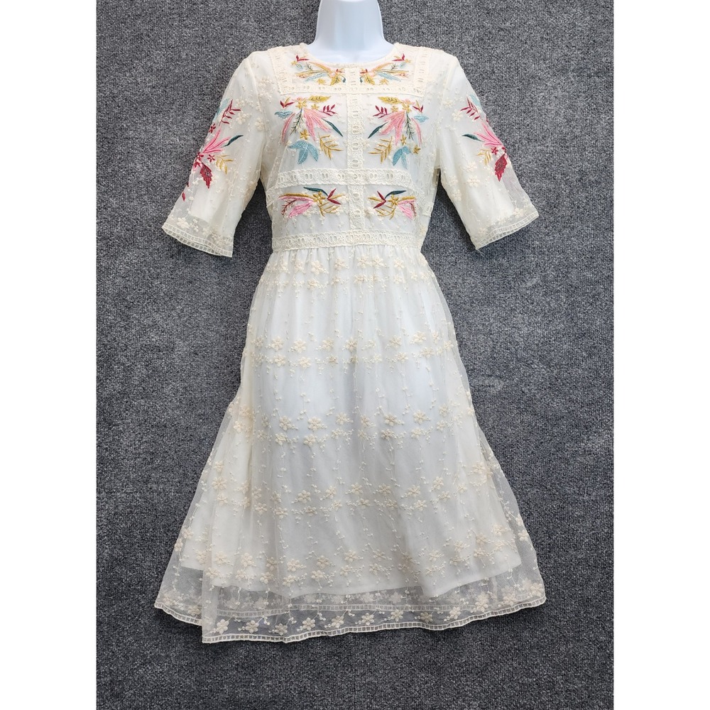 NWT ROOLEE Women's Floral Embroidered Lace Midi Dress Boho Garden Cottagecore S